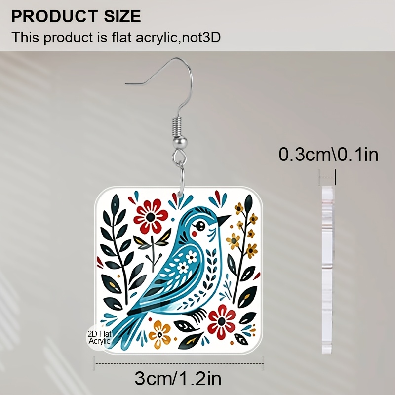 Women's Colorful Floral & Blue Bird Acrylic Dangle Earrings